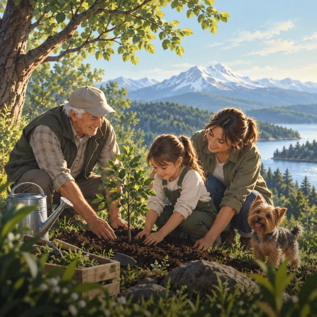 Ilustración del pilar Ambiente: un hombre mayor, una niña y una mujer plantan juntos un árbol joven frente a un lago y un volcán nevado; a su lado, un perro pequeño