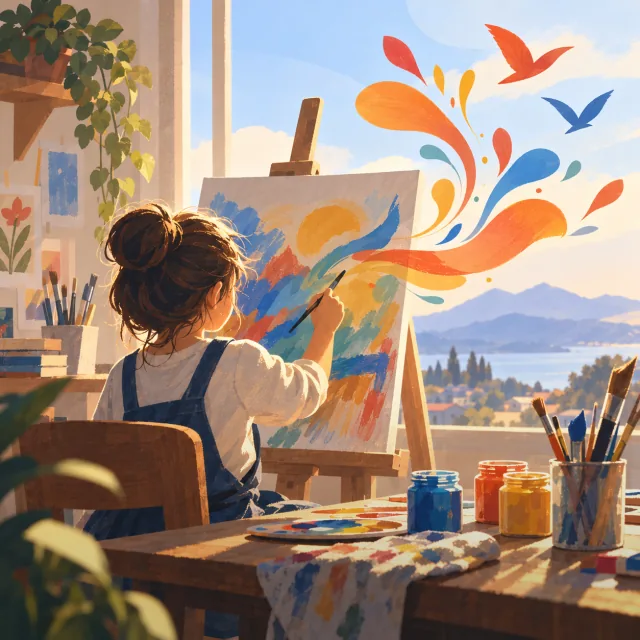 Ilustración del pilar Arte: una niña pinta un cuadro lleno de color en un taller luminoso con vista a un lago y montañas