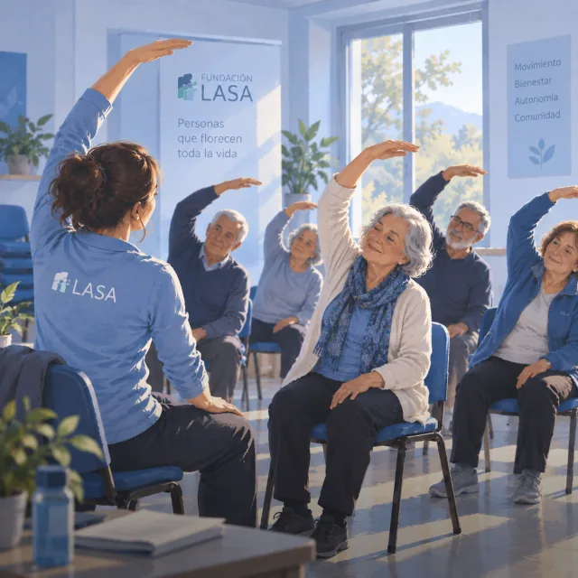 Ilustración del pilar Salud: una facilitadora guía a un grupo de personas mayores que, sentadas, estiran un brazo sobre la cabeza