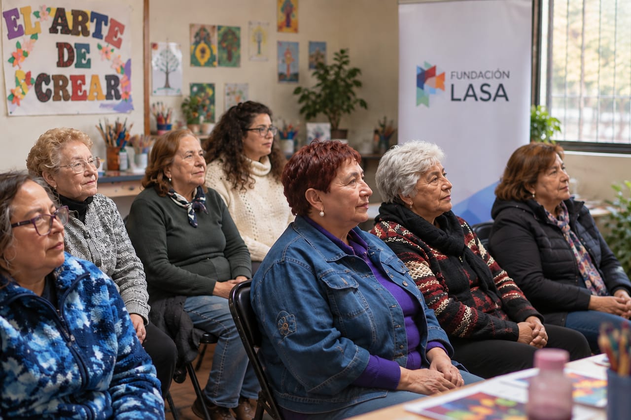 Mujeres de distintas edades, sentadas en la sala de la junta de vecinos, escuchan con atención junto al pendón de Fundación LASA